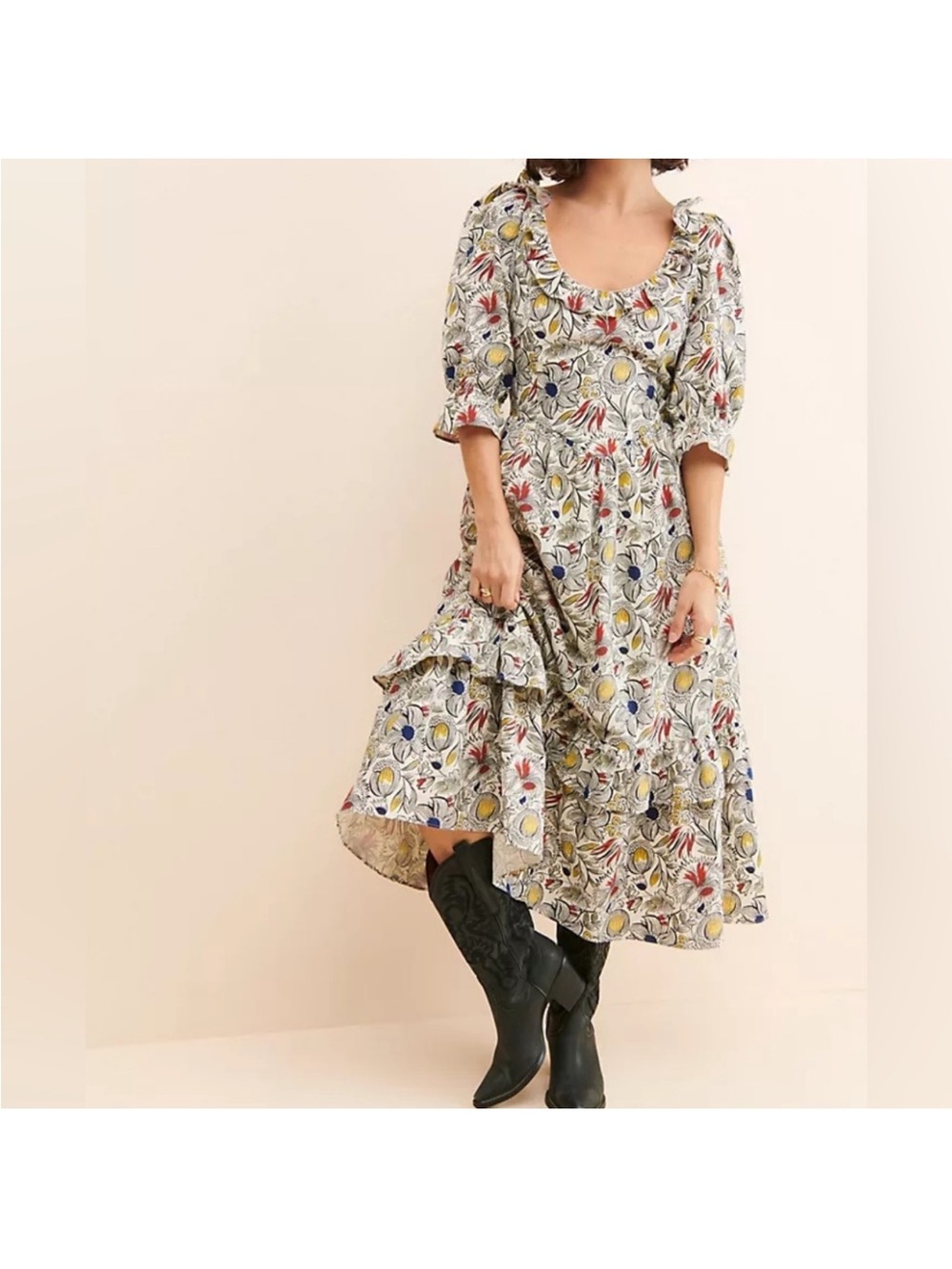 Anthropologie Meadows White Multi Sycamore Floral Puff Sleeve Midi Dress